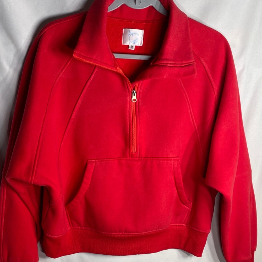 Red Quarter Zip Pullover Sweatshirt with Thumb Holes | Medium